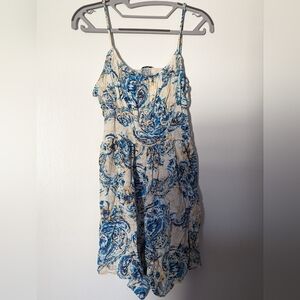 Blue and White Paisley Romper with Pockets